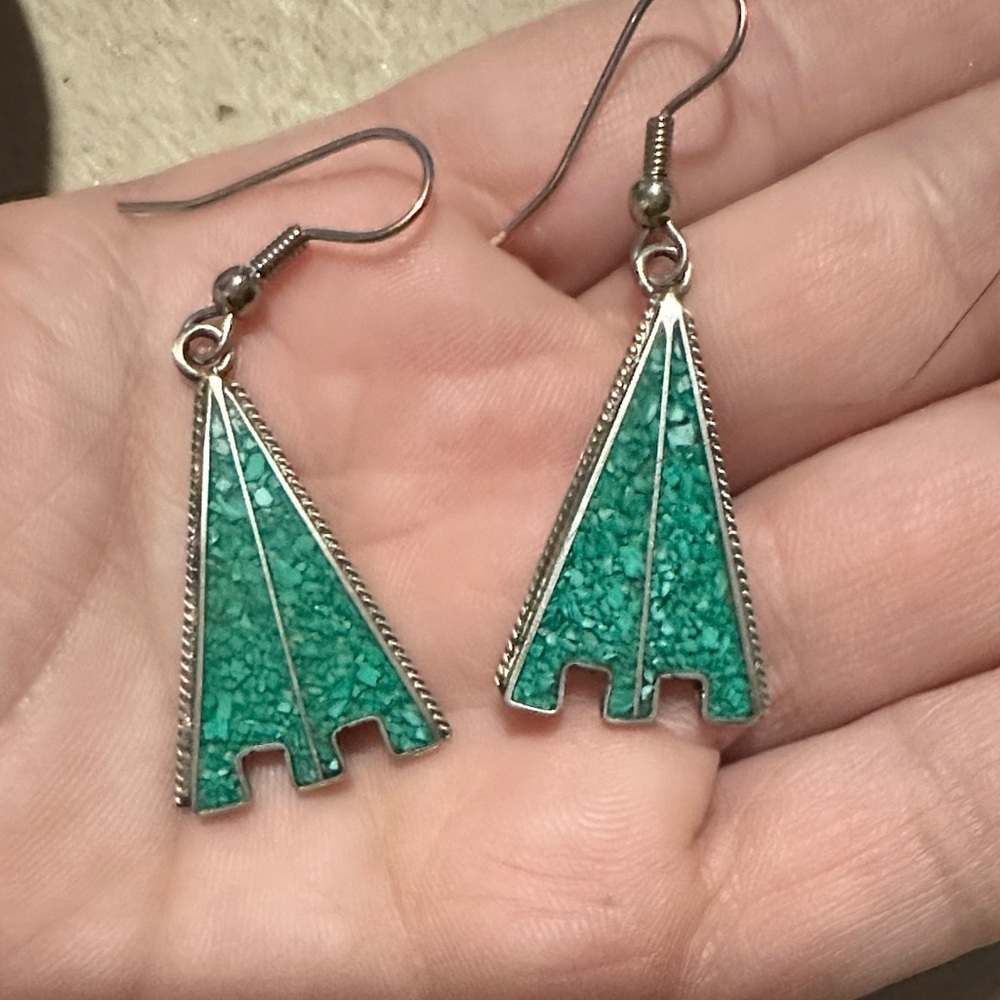 925 VTG Mexico Malachite Inlaid Earrings